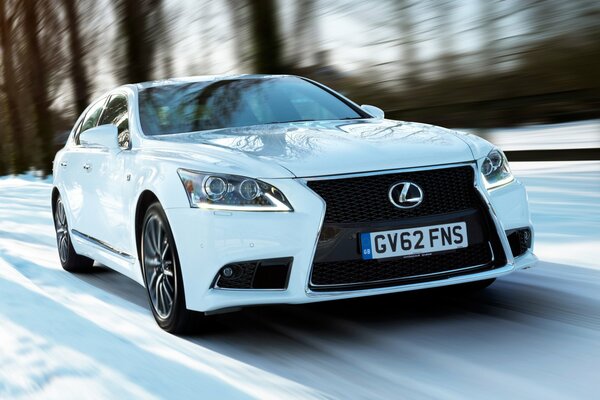 Weißer sportlicher Lexus auf der Winterstrecke