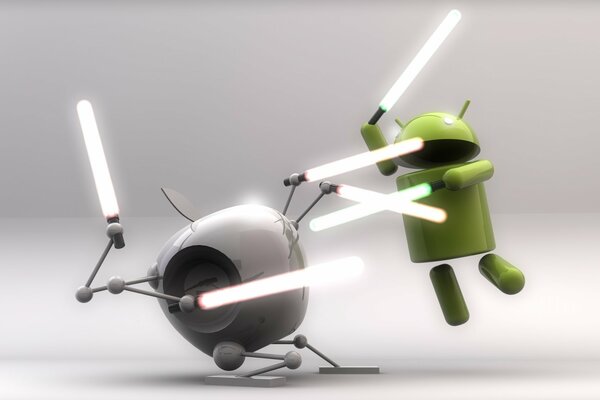 Walka robota Android i Apple na miecze