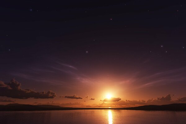 Sol al atardecer con cielo estrellado