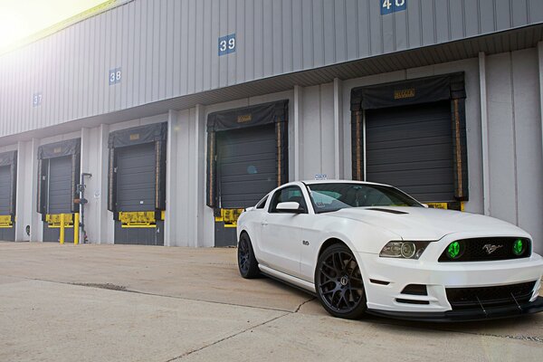 White Ford Mustang gt500 on the background of garages