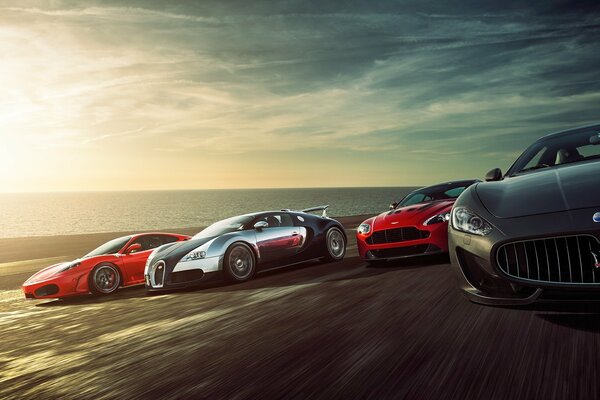 Supercar race on the seashore