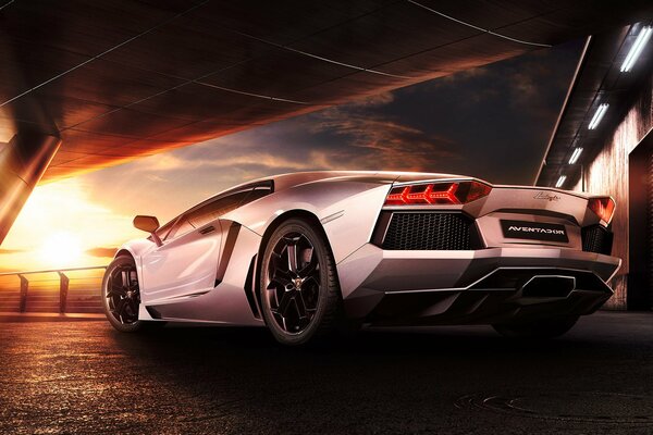 Lamborghini aventador on the background of a beautiful sunset