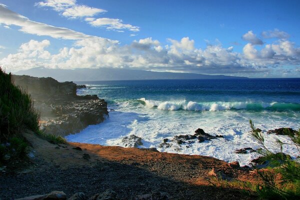 Photo with a landscape of sea rocks with clouds in the sky