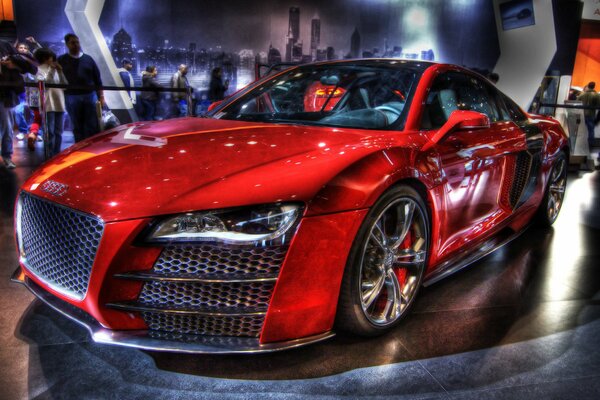 Stylish, red car at the exhibition