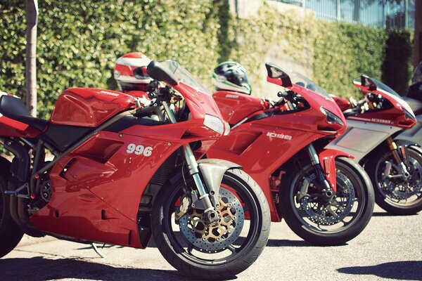 Red sports bikes are on display