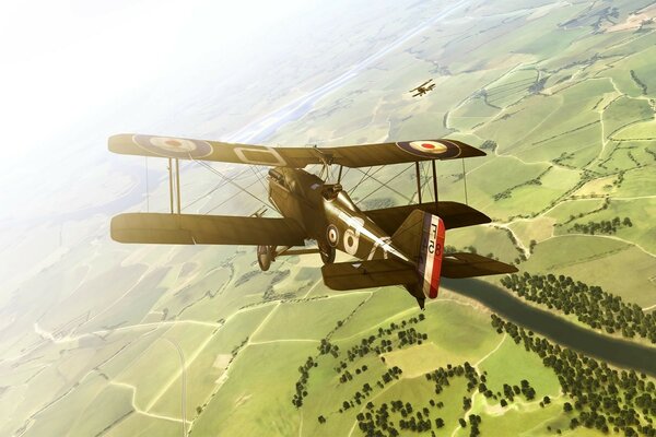 Drawing of an airplane in the sky against the background of the earth