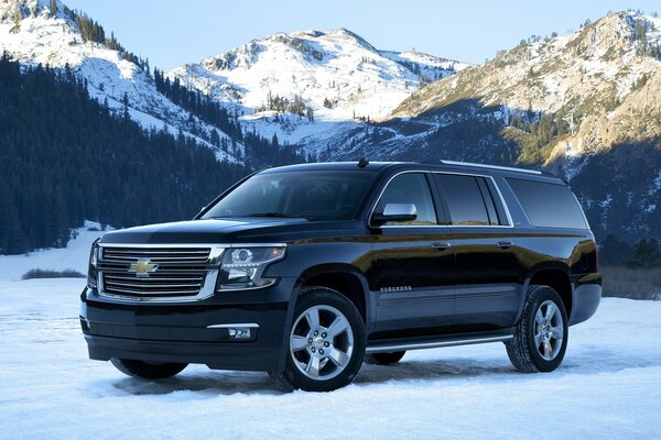 A black chevrolet car is standing in the snow