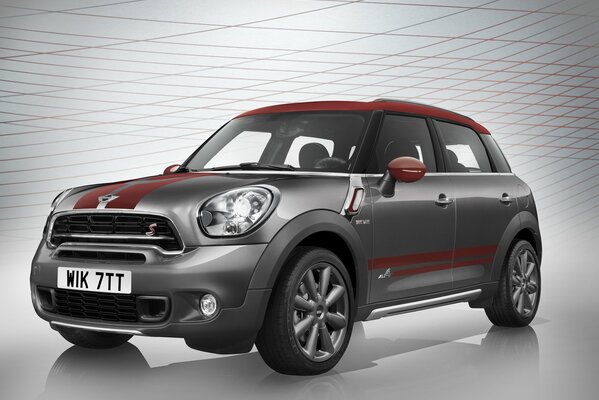 Mini Cooper plateado con rayas rojas