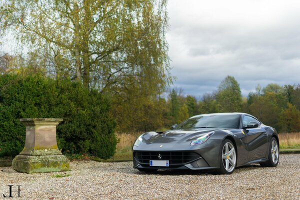 Black Ferrari berlinetta f12 on a background of trees