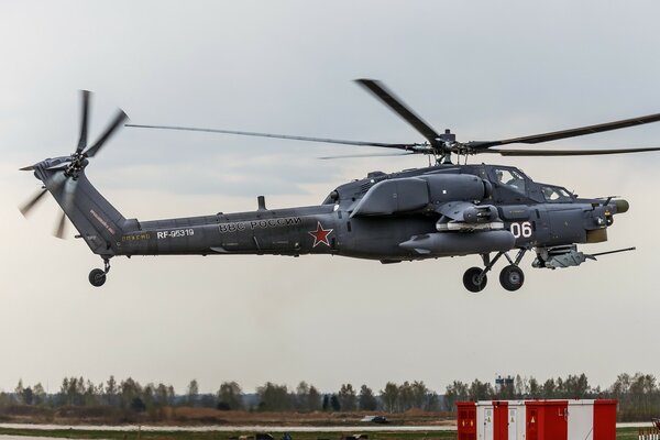 The Russian Mi 28 aircraft takes off from the helipad