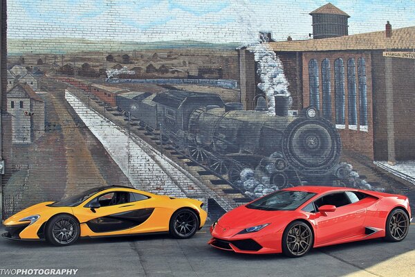 Mclaren p1 und Lamborghini huracán auf Wandbildhintergrund