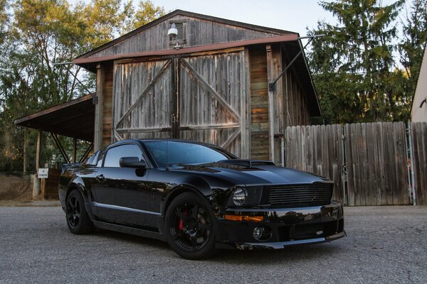 Czarny Ford Mustang na wsi