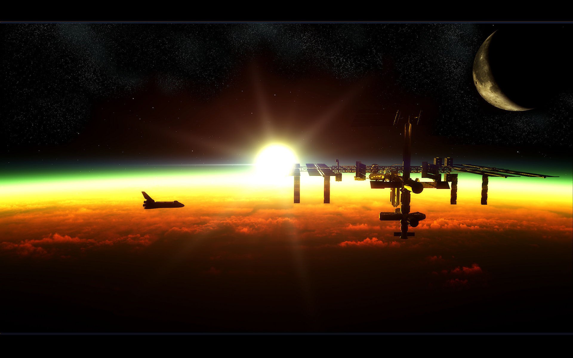 huttle iss station the moon the sun dawn space station space technology space sunrise