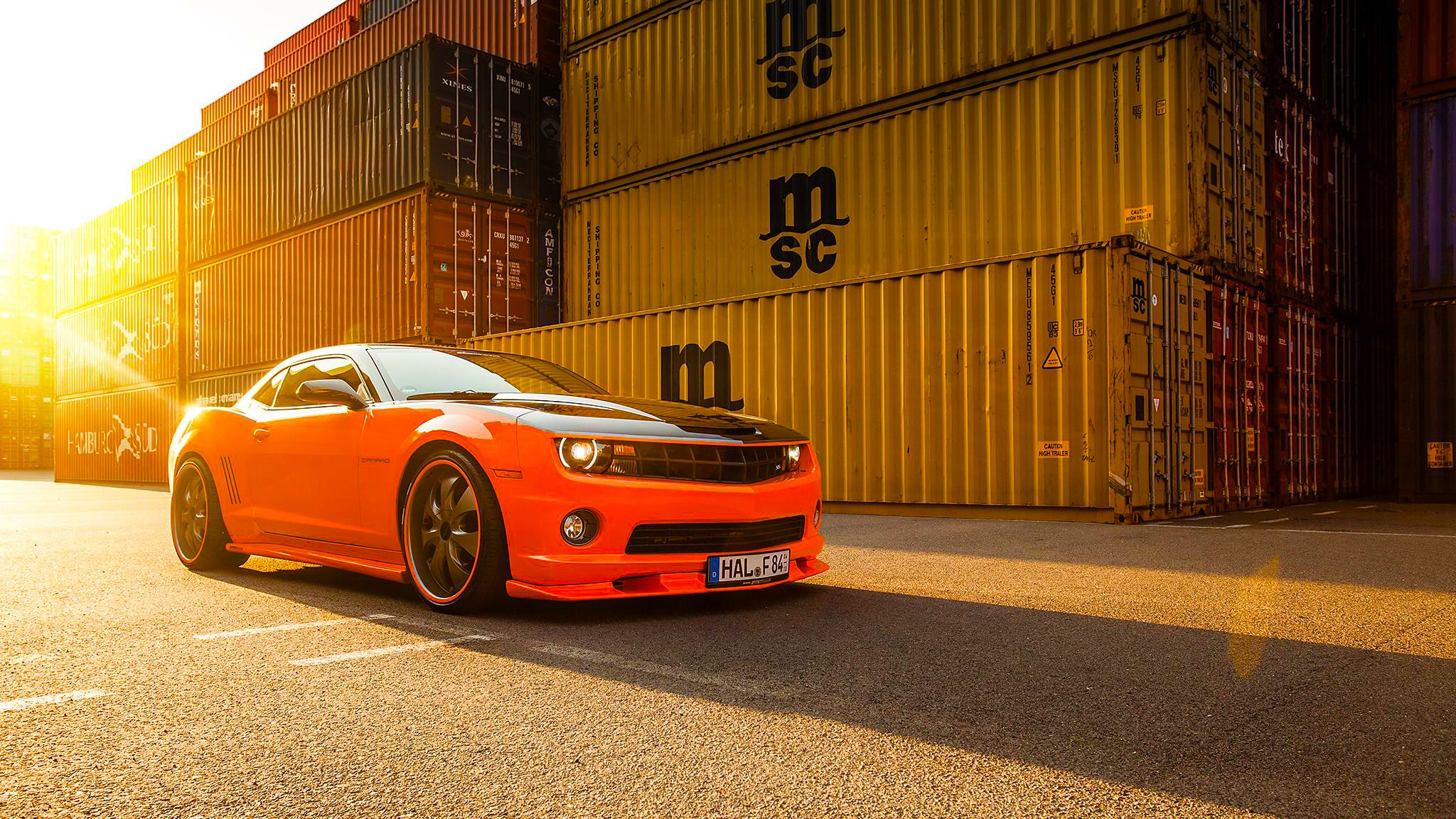 chevrolet camaro ss orange muskeln auto räder tuning sonne breite vorne