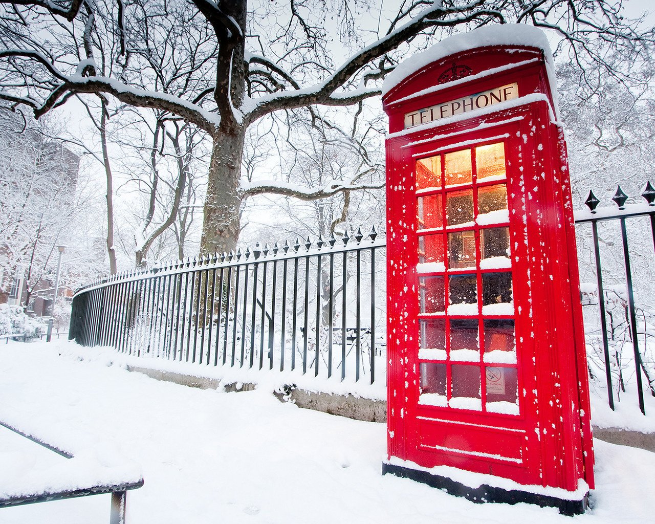 winter london tag telefon kälte farbe schnee straße zaun baum