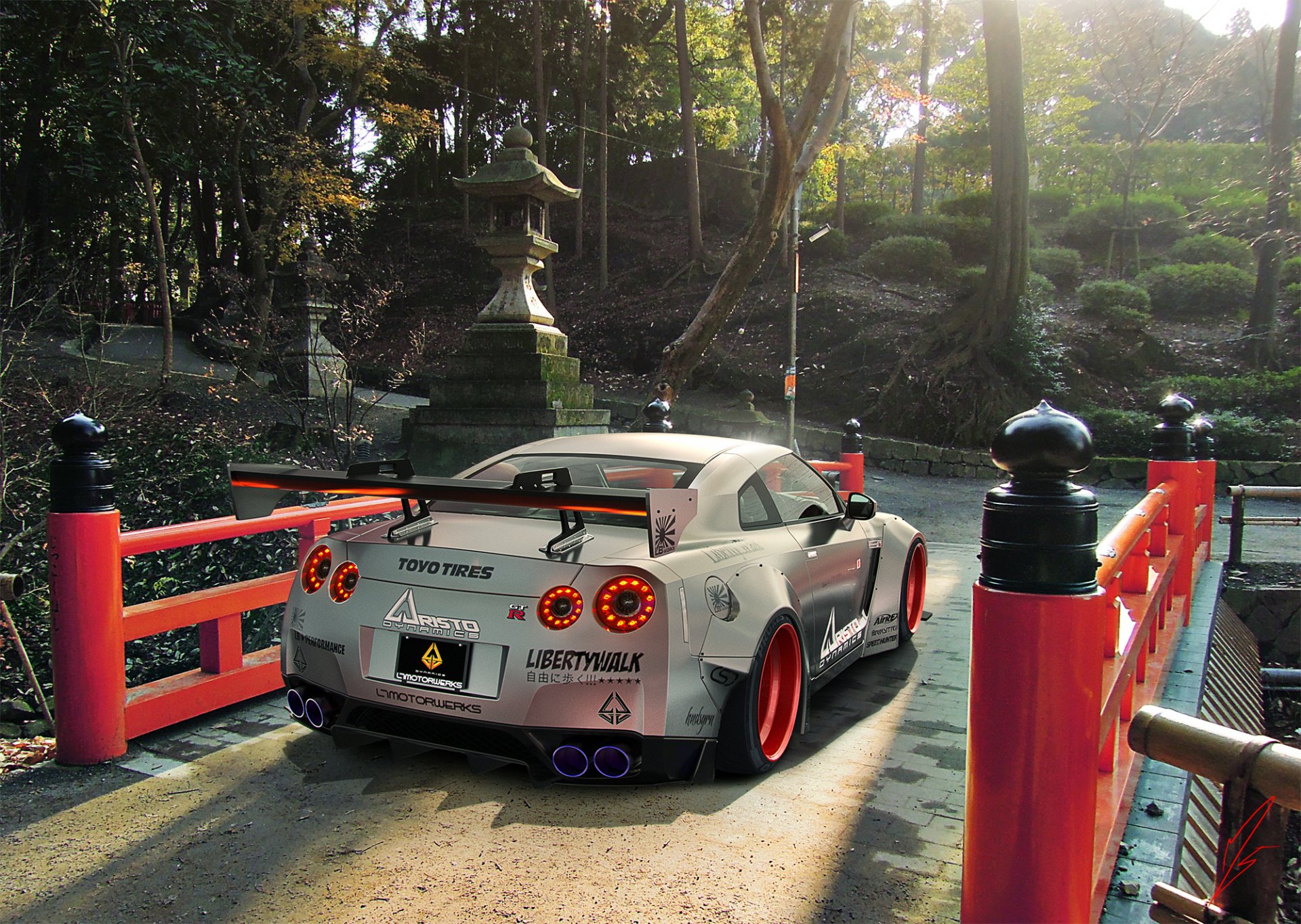 nissan gtr r35 liberty walk silver rear japan sport car