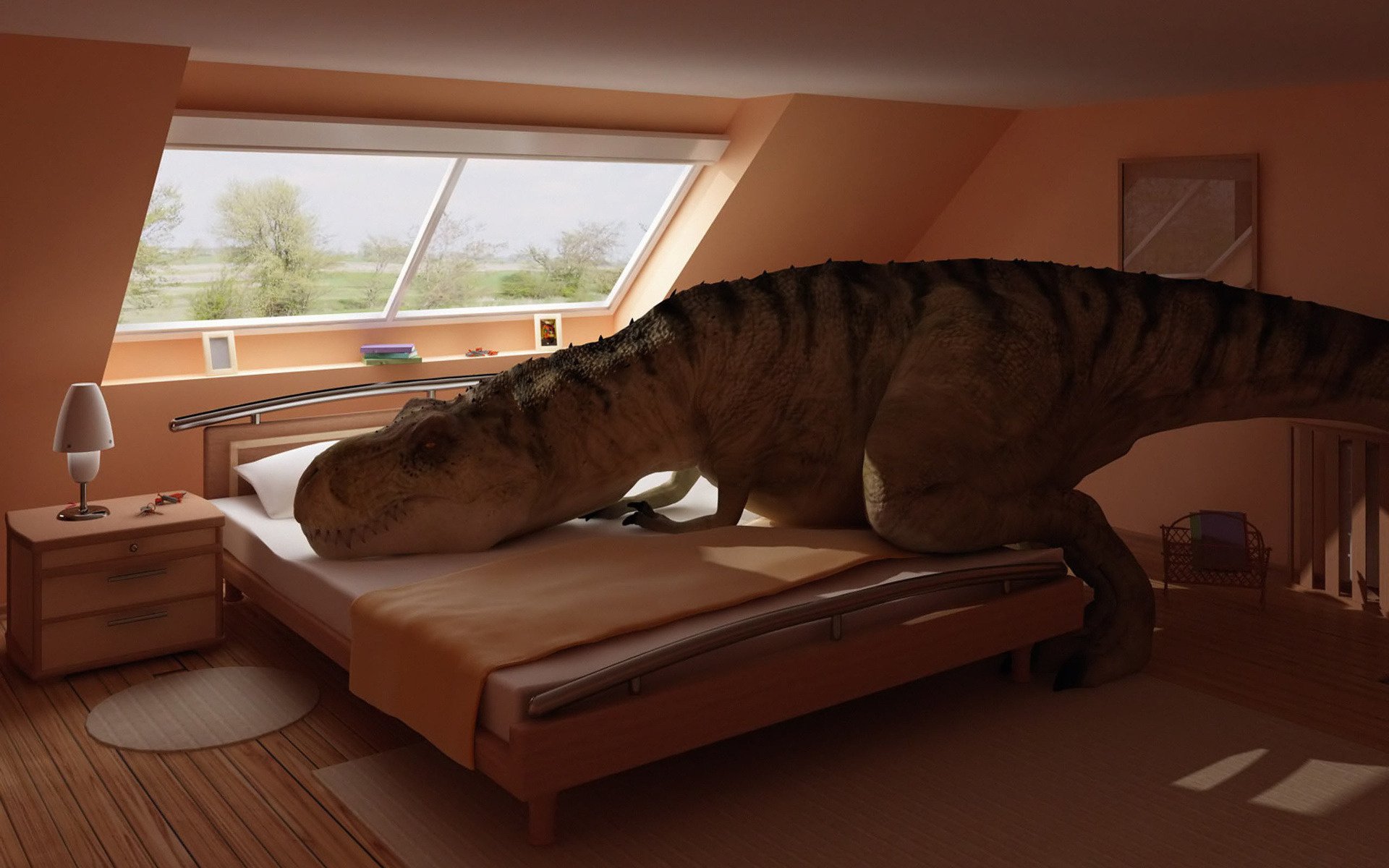 dinosaure tyrannosaure se repose chambre à coucher lit pièce intérieur animaux prédateurs