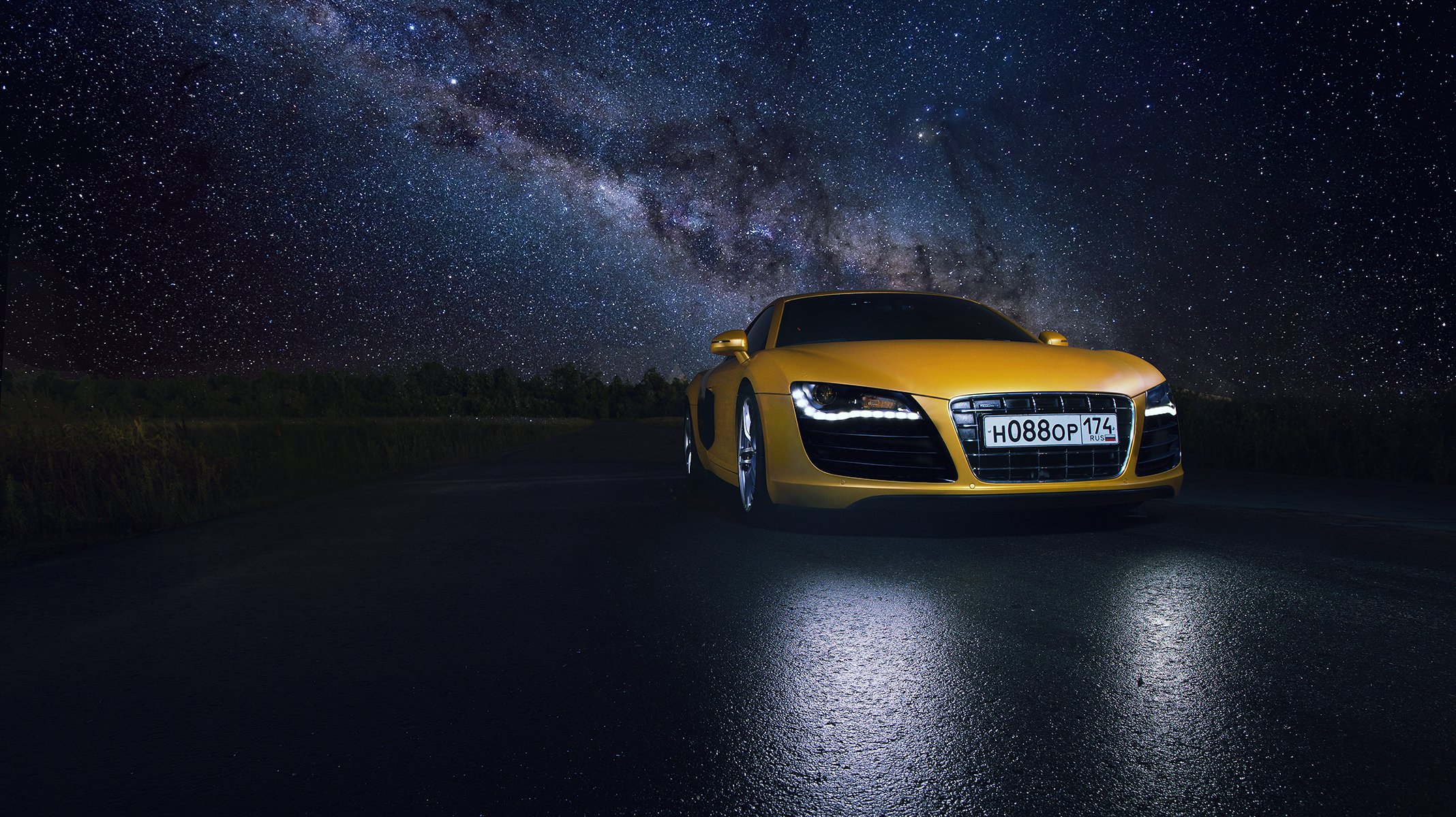 audi r8 gelb supersportwagen nacht raum stern straße reflexion