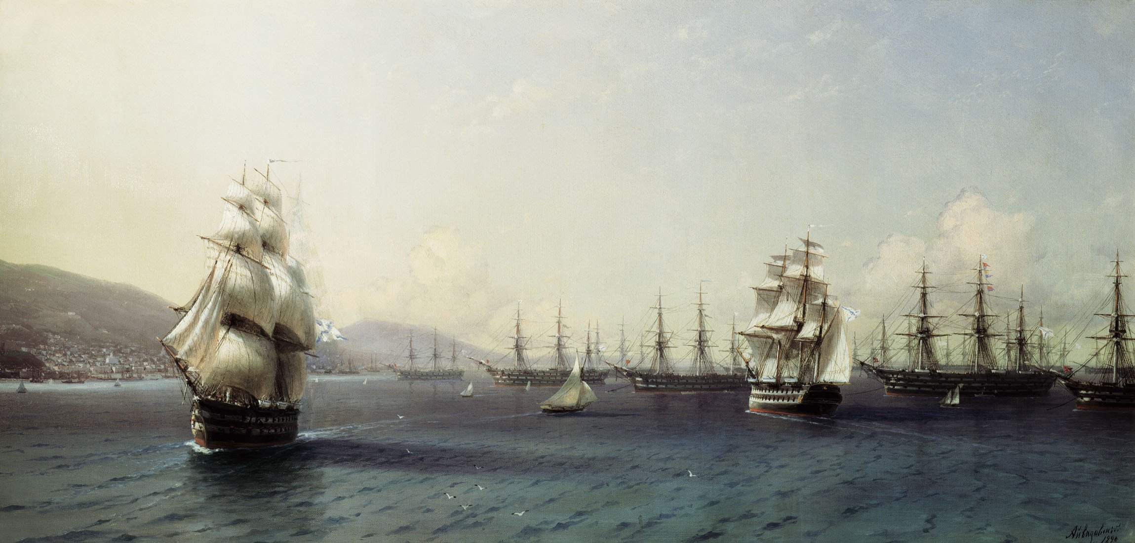 aivazovsky picture style sea the ship ships seagulls birds the sky clouds pier wave sailboat