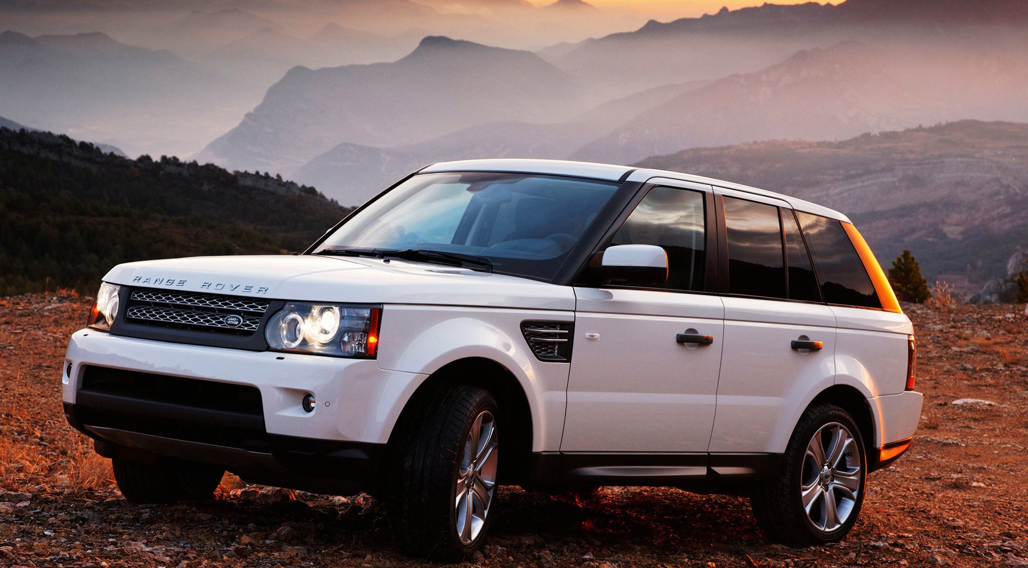 range rover white auto sunset mountains cars cars white car car profile headlights car fog passenger cars transport motor transport