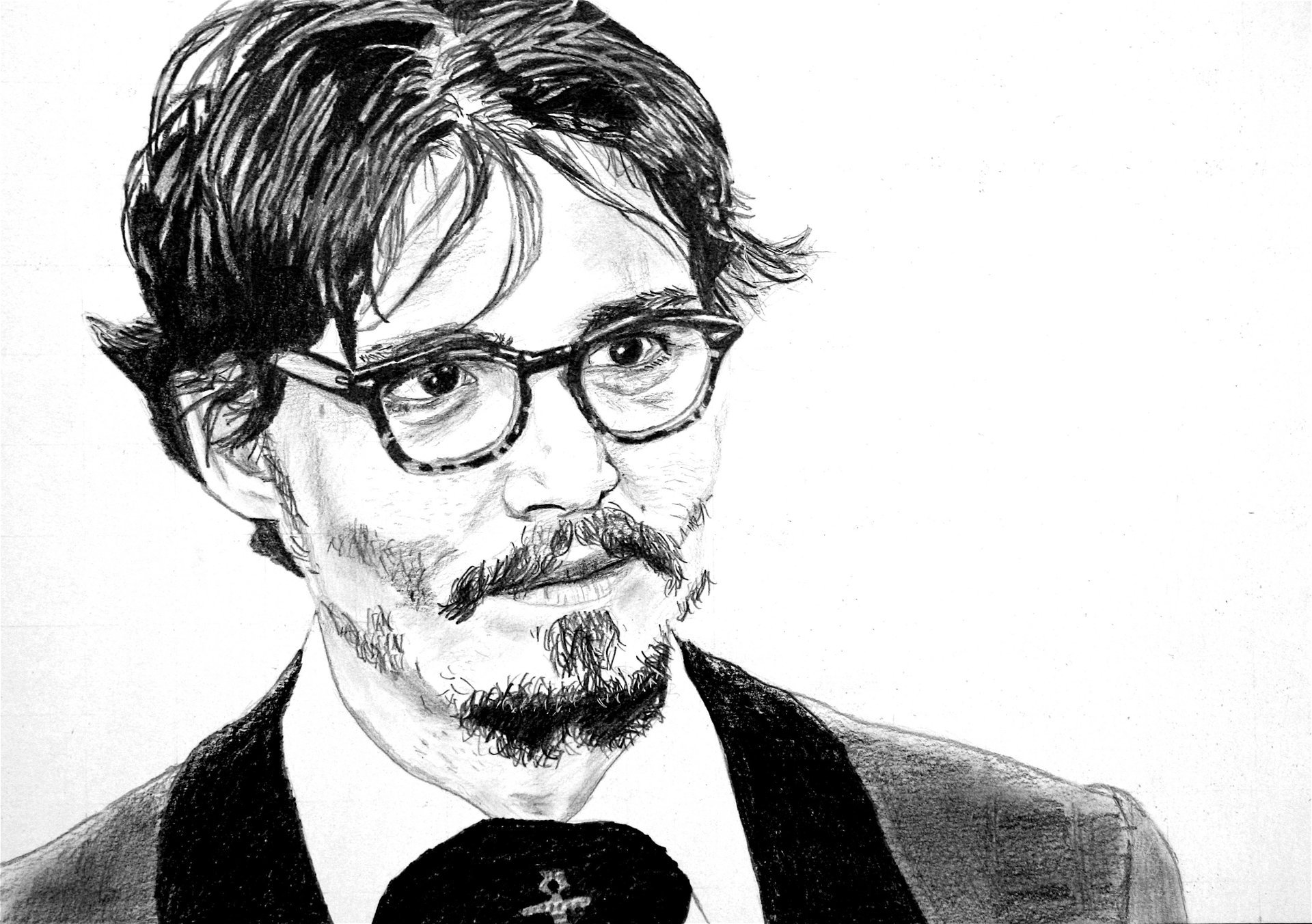 johnny depp actor portrait black and white look white background beard glasses drawing eyes face black and white