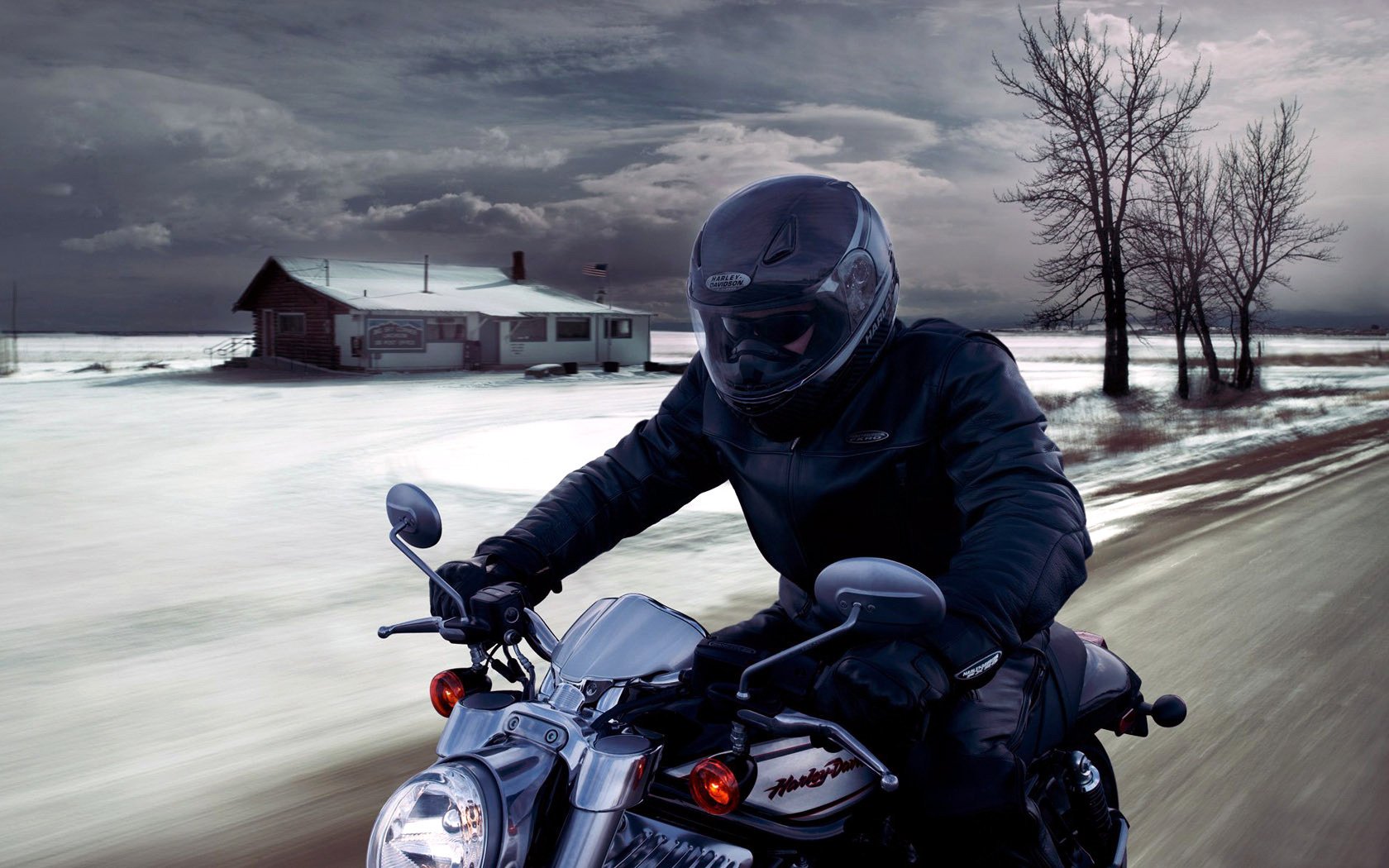 moto motociclista velocità casa cielo strada neve inverno nuvole traffico alberi