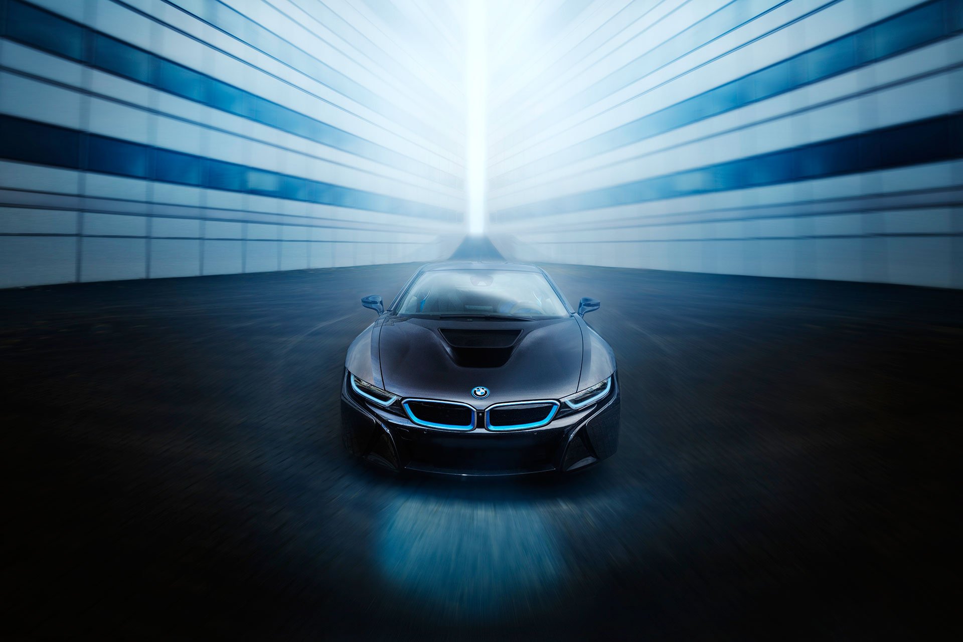 bmw i8 schwarz vorne ansicht blau licht sport auto