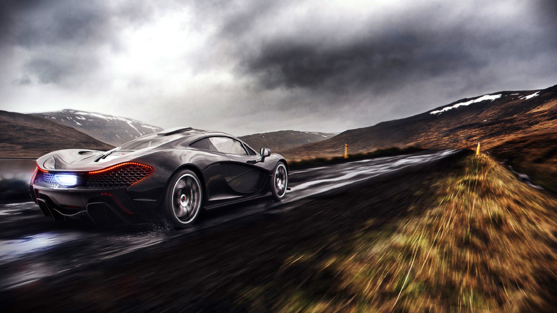 mclaren p1 superdeportivo negro lluvia carretera nubes fuego escape trasero