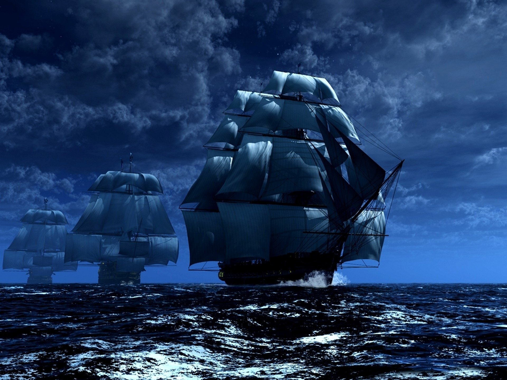 ea wave ships navy sails mast stroy water mirage night the sky clouds sailboat