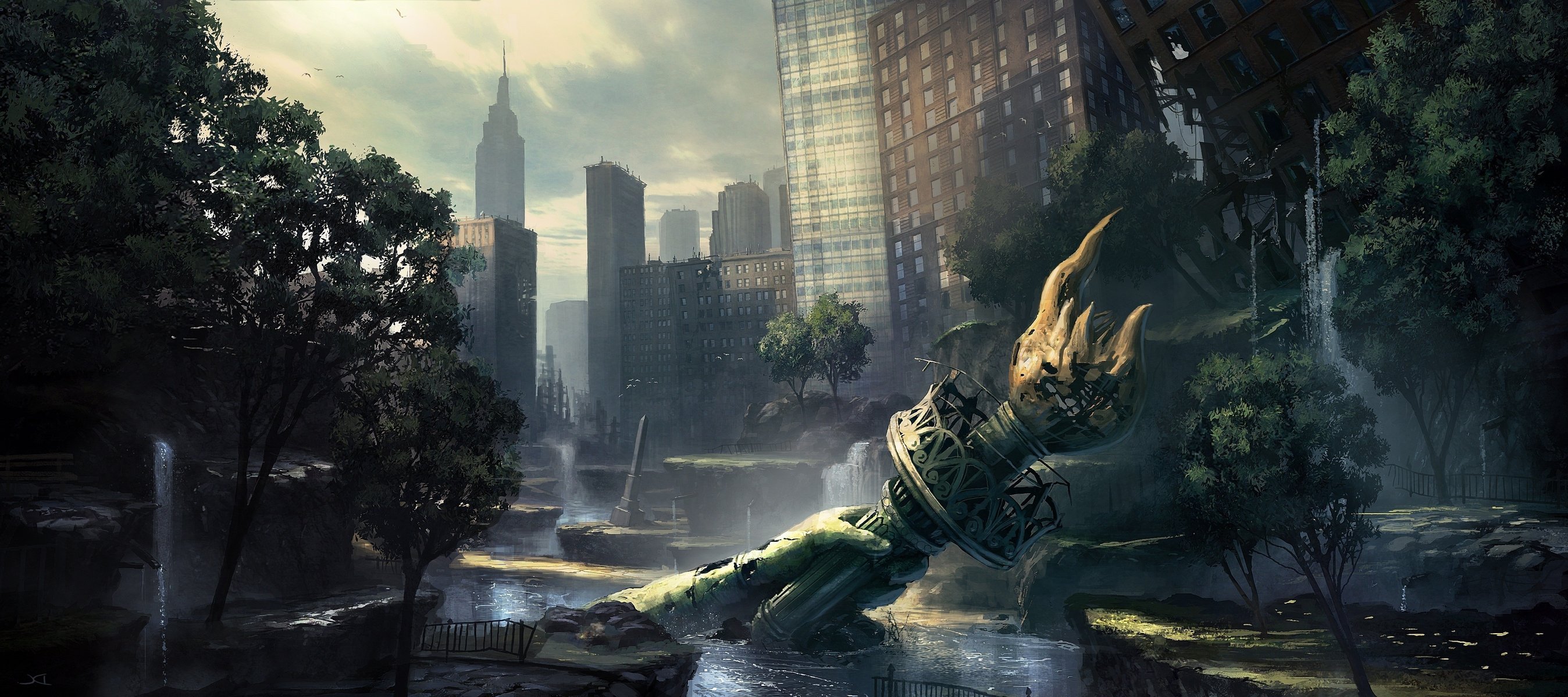 art the crysis 2 miasto park ruiny ręka pochodnia domy