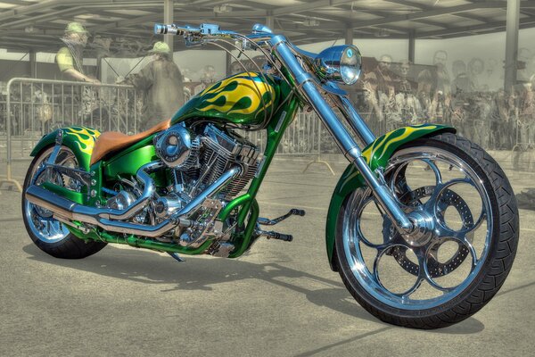 Green bike with yellow fire