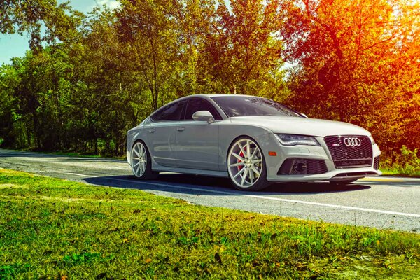 Audi rs7 alla luce del sole e dell erba verde