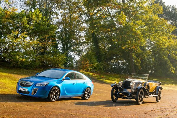 The juxtaposition of retro and modern cars in nature