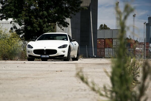 Weißer Maseratti am Straßenrand eines Feldwegs