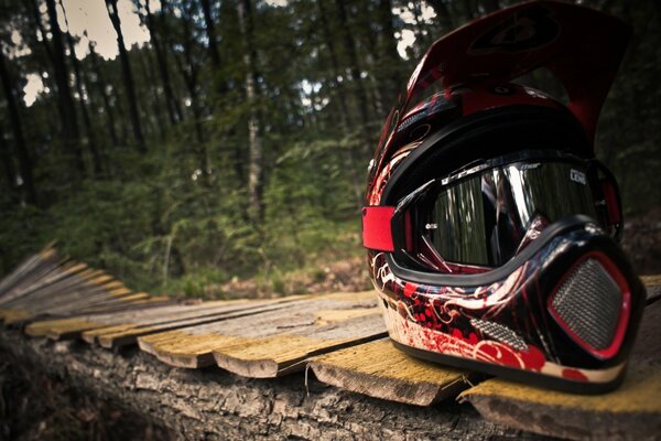 Der Motorradhelm passt perfekt zur Natur