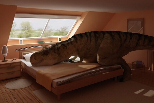 Dinosaur resting in the bedroom on the bed