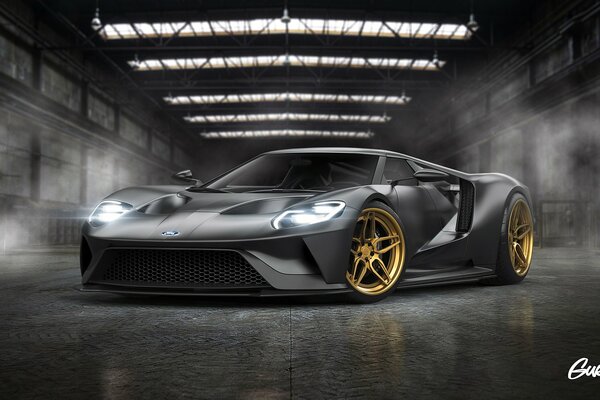 Ford gt con ruote grigie dorate