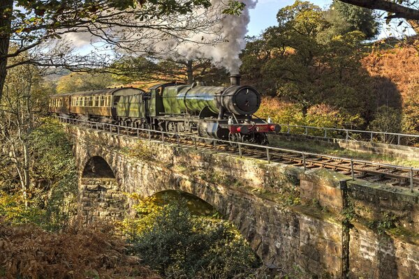 Antigua locomotora de vapor en el puente con la hermosa naturaleza