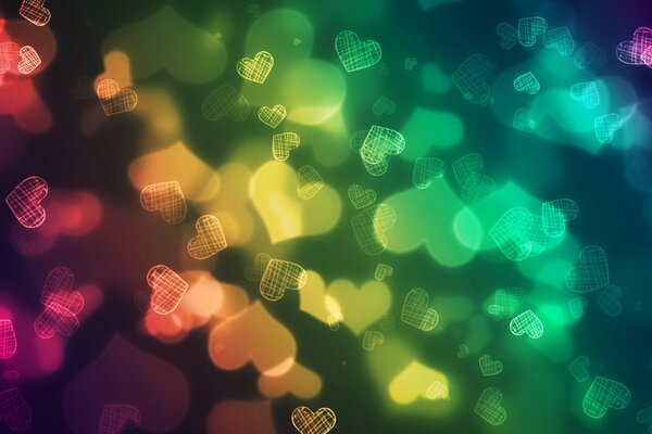 An abstraction of a multitude of multicolored hearts made of light