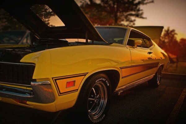 Yellow car with open hood and trunk