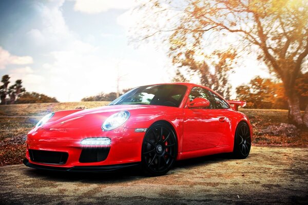 Voiture Porsche rouge dans la nature