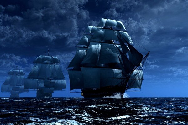 Construire des navires dans la mer de nuit. Vagues bleues et nuages