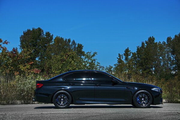 Black BMW blue calipers grey road