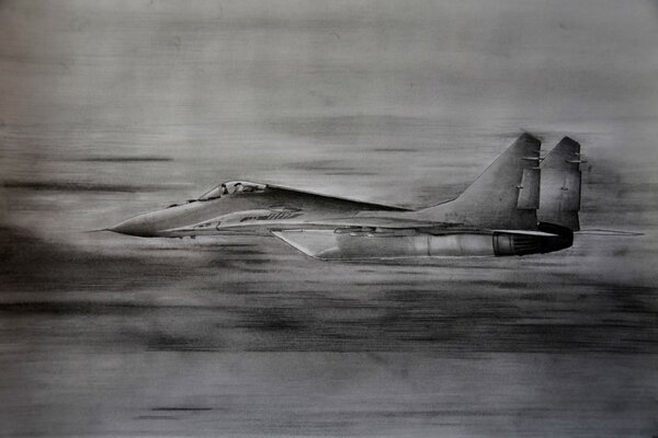 Disegno di un combattente MiG-29 che vola a velocità