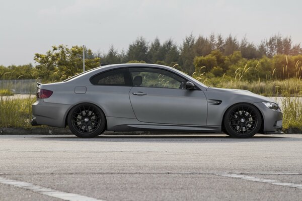 Gris BMW M3 en el fondo del bosque