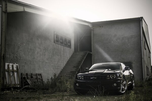 El resplandor del sol naciente en el Chevrolet Camaro