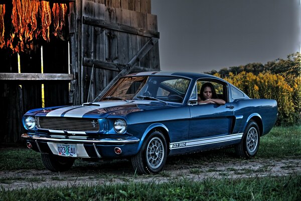 Fille sur le siège arrière dans une ford mustang 1966