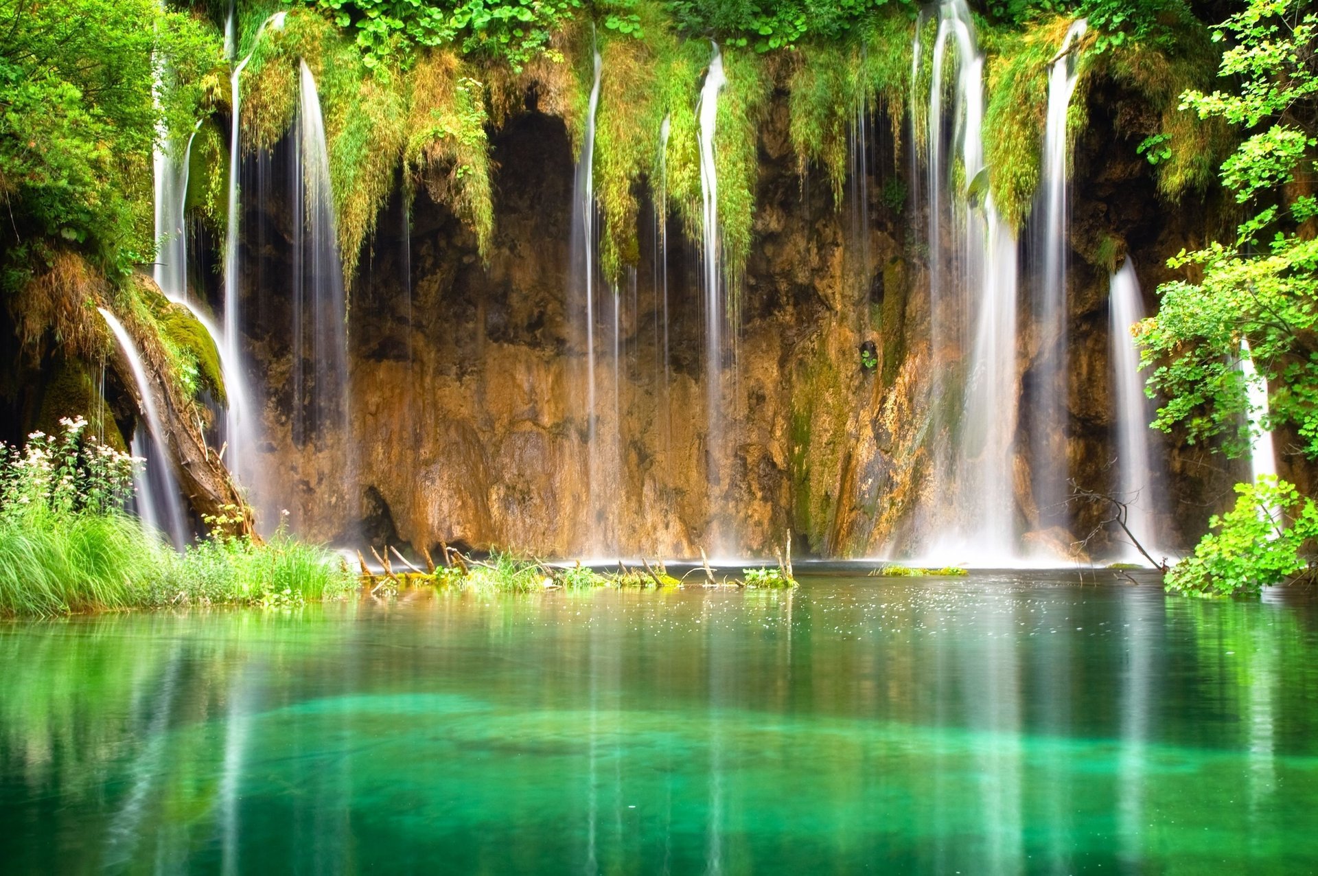 blumen tropen wasserfall laguna teich gespiegelt wasserfall wasser wasserfälle gras grün baum zweige blätter klippe