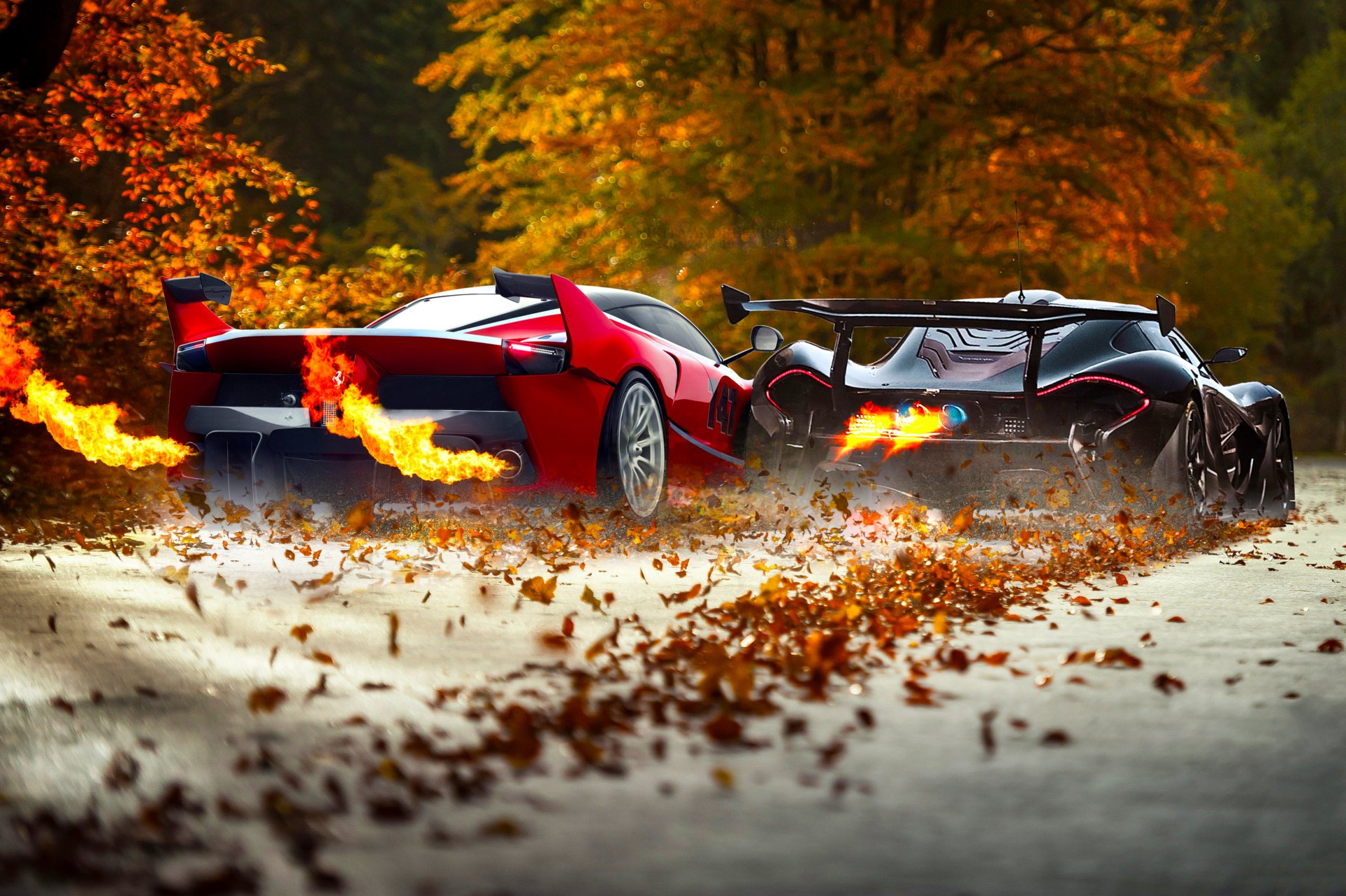 ferrari fxx k mclaren p1 supersamochody czerwony czarny listowie bal ogień