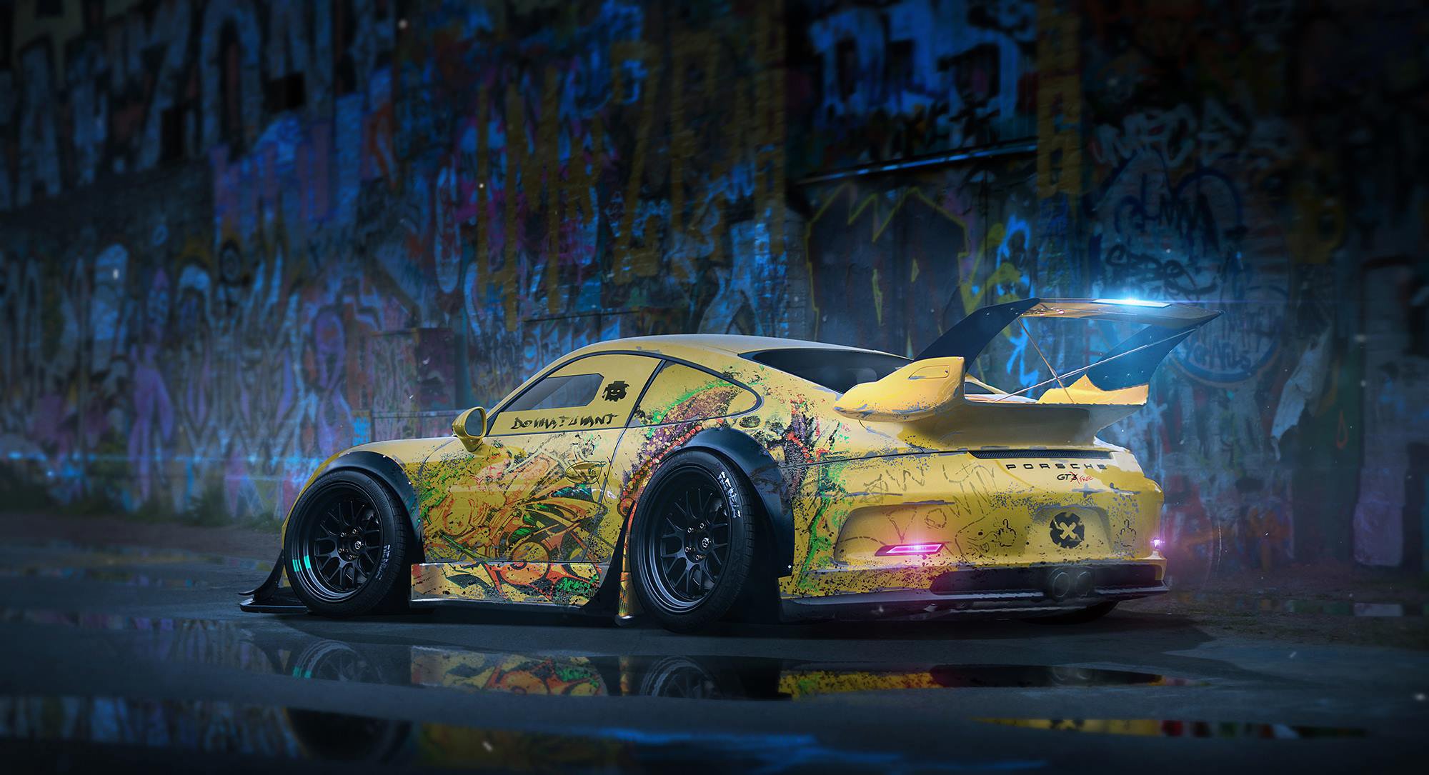 porsche 911 gt3 amarillo cuerpo kit spoiler rendering por khyzyl salem